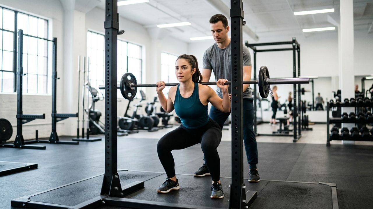 Woman performing a barbell squat in a gym with proper form