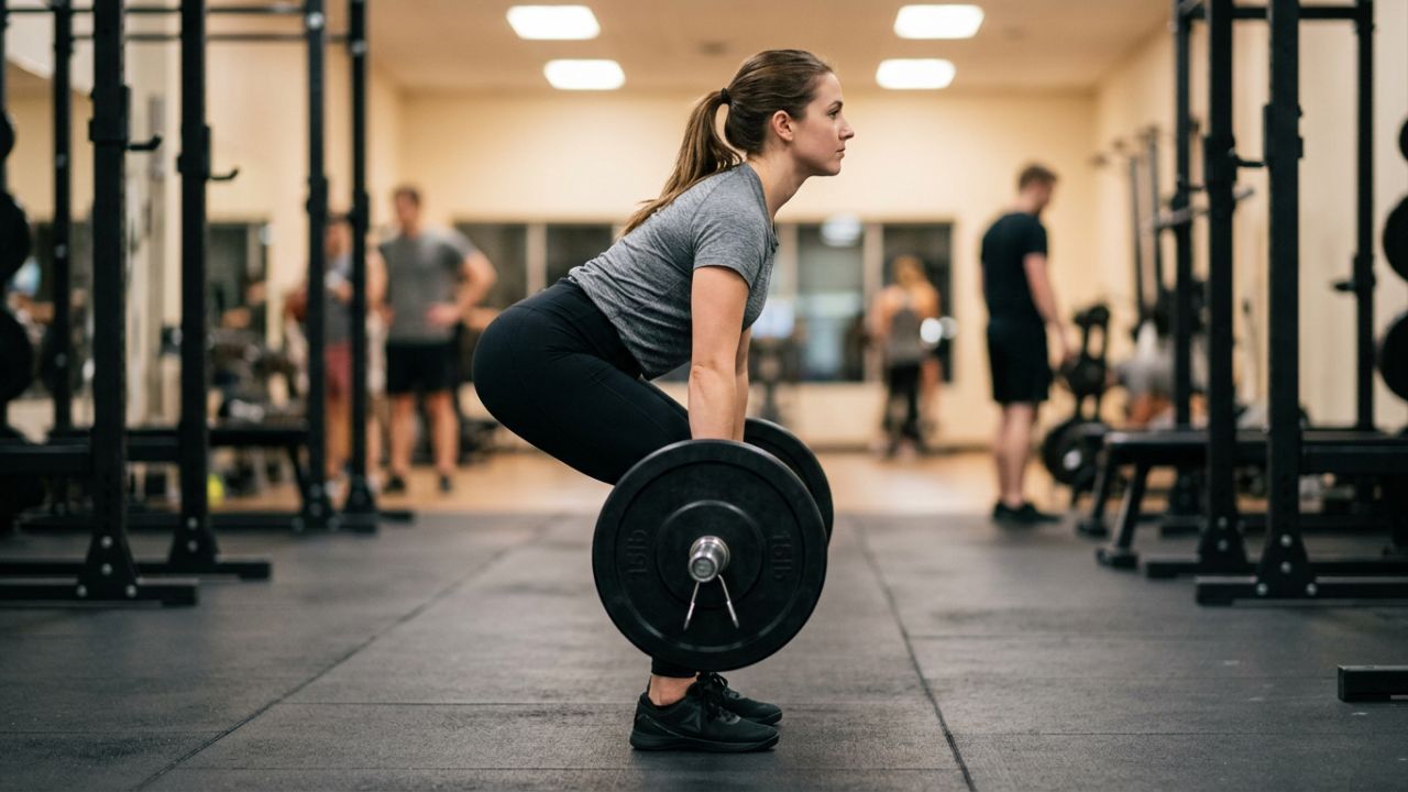 Beginner performing a barbell deadlift with proper back position