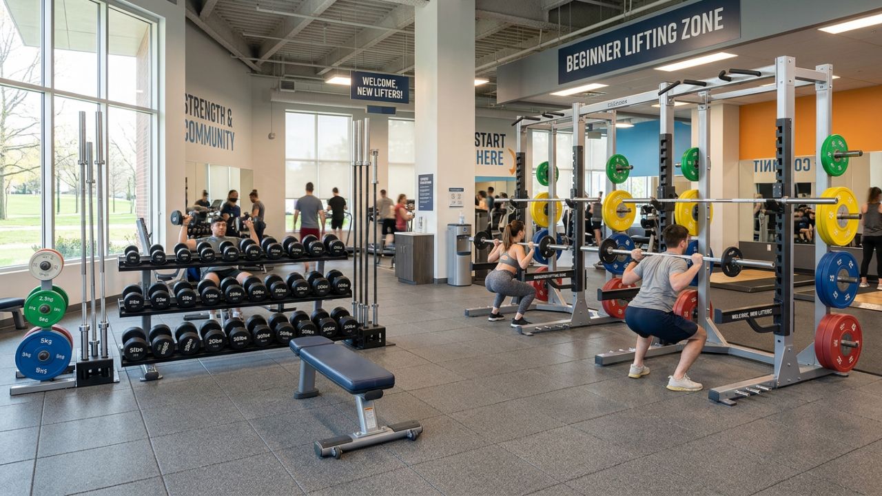 Gym with squat racks and barbells set up for beginner training
