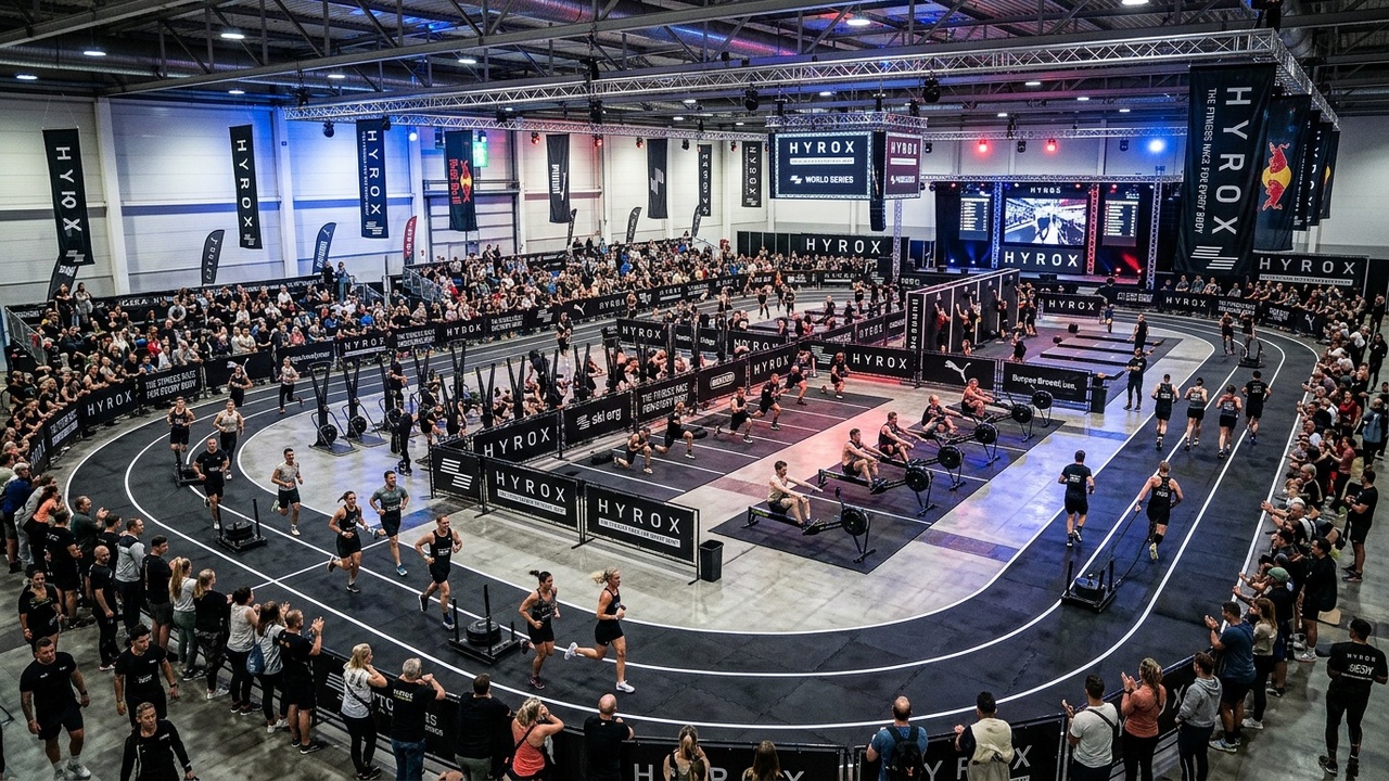 HYROX race arena with athletes competing at workout stations