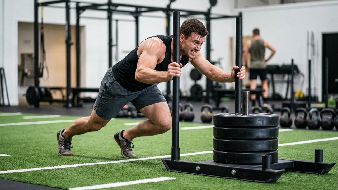 Athlete performing sled push during HYROX training