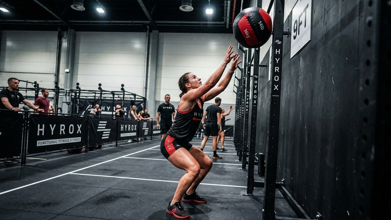 Athlete completing wall balls at HYROX event